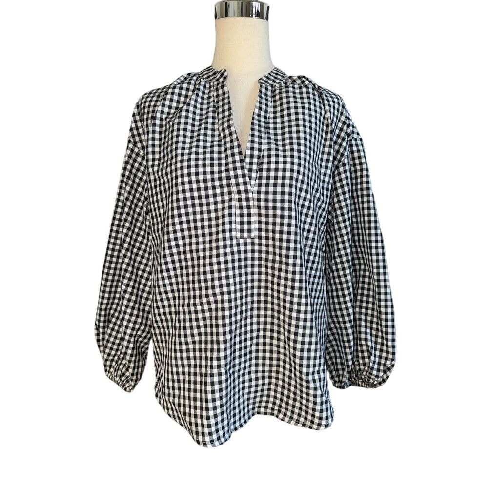 A New Day Women’s Gingham Plaid Fall Smocked Long Sleeve Light Airy Casual M